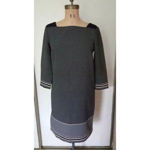 Ann Taylor black beige polka dot print striped mix print career shift dress 2